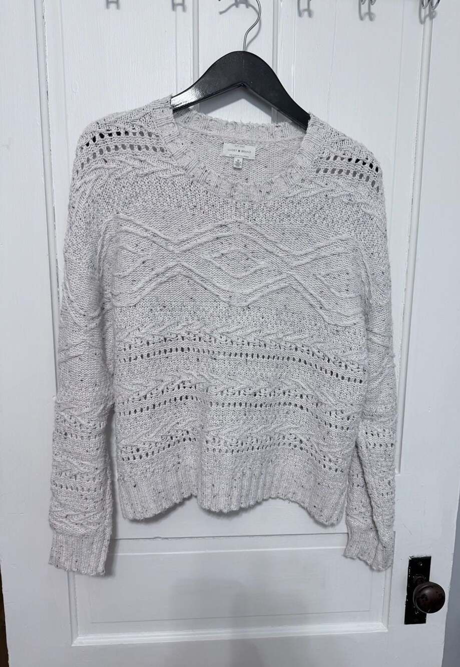 Lucky Brand Women's Medium Speckled Cable Knit Pointelle Sweater Off White 

A1